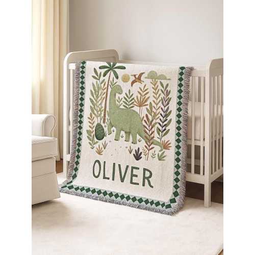 Dinosaur Baby Blanket with Name: Cotton Woven Fringe or Fleece Crib Blanket Dino Nursery Bedding