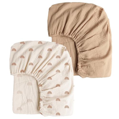 Konssy Muslin Crib Sheets for Girl Boy, 2 PCS Soft and Breathable Cotton Baby Sheets for Standard Crib Mattress, 52"x 28" (Camel, Rainbow)