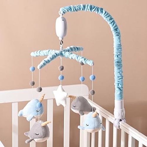Crib Mobile for Boys and Girls, Whale Mobile Set with Mobile Arm and 12 Lullabies for Baby, Ocean Animal Nursery Decor,Sea Animals Nursery Decor with Music, Fits Standard Cribs (Narwhal)