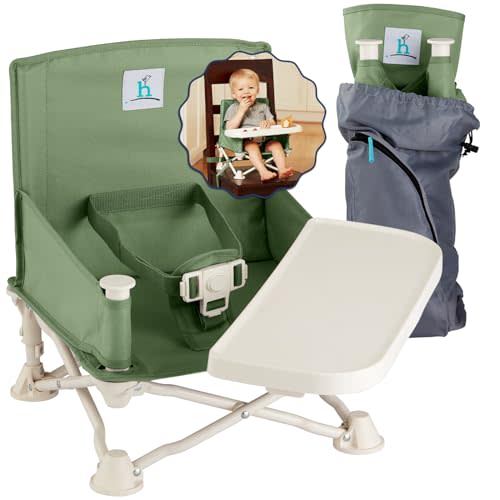 Hiccapop OmniBoost Travel Booster Seat with Tray for Baby | Folding Portable Baby Booster Seat for Dining Table, Camping, Beach, Grandma’s | Tip-Free Design Straps to Kitchen Chairs - Booster Chair