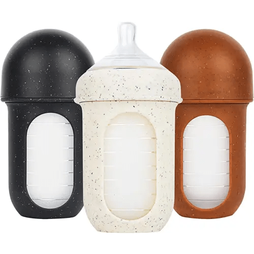 Boon Nursh Reusable Silicone Baby Bottles with Collapsible Silicone Pouch Design - Everyday Baby Essentials - Stage 2 Medium Flow Baby Bottles - Speckle - 8 Oz - 3 Count