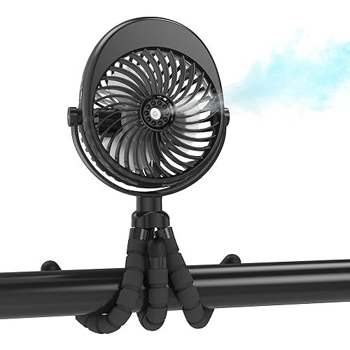 COMLIFE Misting Stroller Fan, 2500mAh Battery Powered Personal Desk Fan with Flexible Tripod, 3 Speed USB Fan for Stroller Office Camping,Black