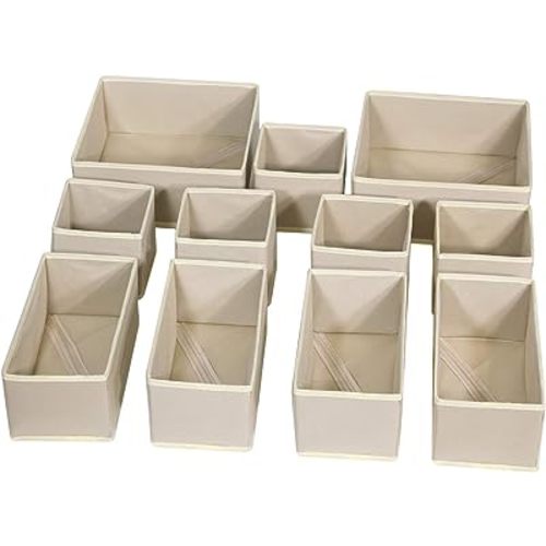 DIOMMELL 11 Pack Foldable Cloth Storage Box Closet Dresser Drawer Organizer Fabric Baskets Bins Containers Divider for Clothes Underwear Bras Socks Lingerie Clothing,Beige 245