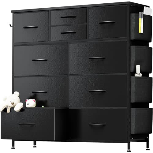 YaFiti 10 Drawer Dresser, Chest of Drawers for Bedroom, PU Dresser with Side Pockets, Hooks, Wooden Top and Sturdy Metal Frame for Living Room, Closet, Hallway (Black)