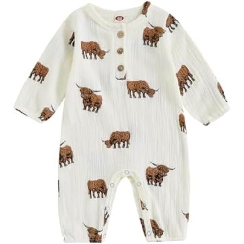 Omkzanbi Highland Cow Jumpsuit Linen Button Down Romper Western Baby Boy Clothes Gender Neutral Fall One Piece Outfit 0-18M