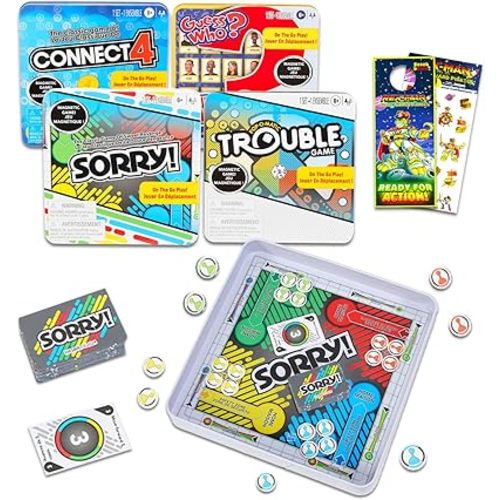 Hasbro Gaming Magnetic Game Travel Set for Kids - Bundle with 4 Travel Games in Tin Featuring Connect 4, Sorry, Trouble, Guess Who Plus Stickers | Travel Games for Kids 8-12