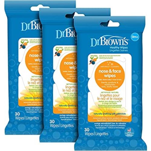 Dr. Brown's Healthy Nose and Face Wipes, Naturally Cleaning and Moisturizing for Baby & Toddler, Plant Based and Hypoallergenic, 30 Count, 3 Pack