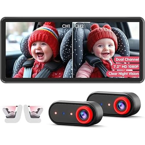 BM5 PRO Baby Car Camera for 2 Kids, 7.2" 1080P Dual Channel Display for Car Seat, Easy Installation with 2 IR Night Vision Cameras, Rear Seat Safety for Babies and Pets