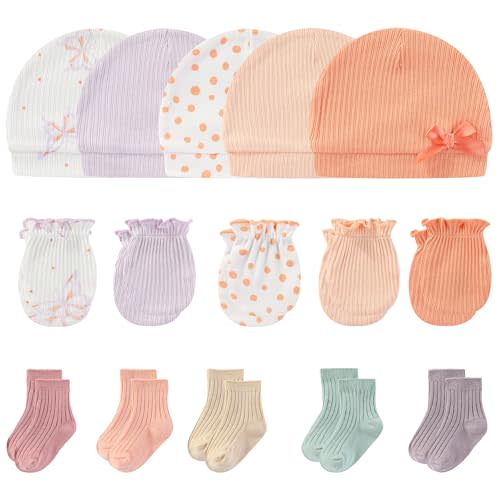 MAMIMAKA Newborn Baby Boy Girl Caps Mittens Socks Set Cotton Baby Essentials Accessories (Hats+Gloves+Socks)