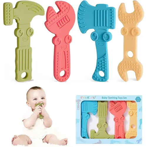 TYRY.HU Baby Teething Toys for Babies 0-6 Months 6-12 Months, BPA Free Silicone Baby Molar Teether Chew Toys, Hammer Wrench Spanner Pliers for Boys Girls, Soft-Textured, Easy to Hold & Clean, 4 Packs