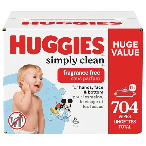 Huggies Simply Clean Unscented Baby Diaper Wipes, 11 Flip-Top Packs (704 Wipes Total), Packaging May Vary