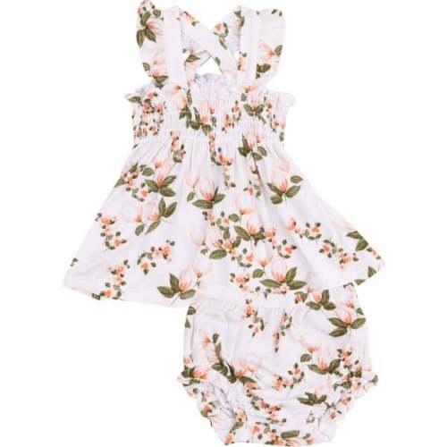 Ruffle Strap Smocked Top and Diaper Cover, Floating Magnolia - Angel Dear | Maisonette