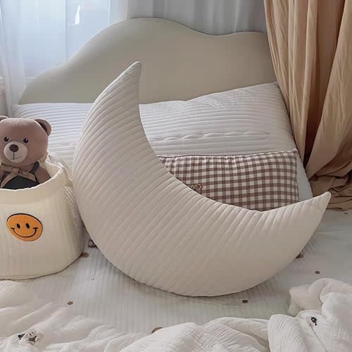 Baby Moon Pillow for Sleeping, Cute Moon Shaped Cotton Pillow for Newborns, Nursing Pillow for Boys Girls, Comfortable Toddler Pillow for Bed Couch (Beige)