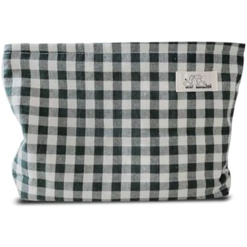 HAPPYHEIDI Dark Green Gingham Pouch Cotton Makeup Bag Cosmetic Travel Make Up Purse Organizer, Zipper Closure, Canvas Lined, Vintage Moss Green