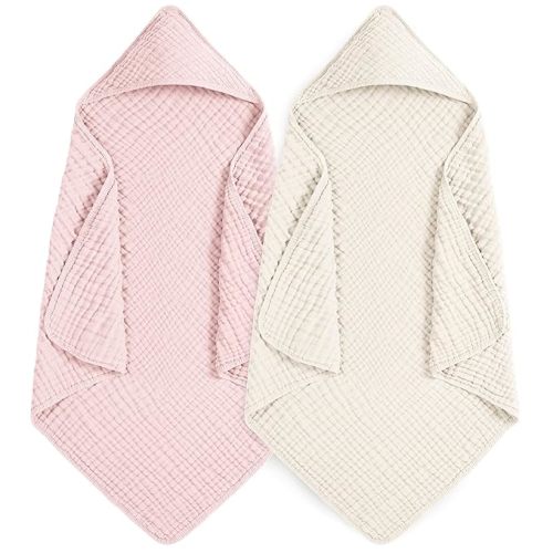 Hooded Baby Towels 100% Muslin Cotton Baby Bath Towels with Hood 2 Pack Baby Towels for Newborn, Infant, Toddler, Kids, Large 32x32Inches, Soft and Absorbent Newborn Essential Apricot&Pink - Apricot and Pink - 32x32 Inch
