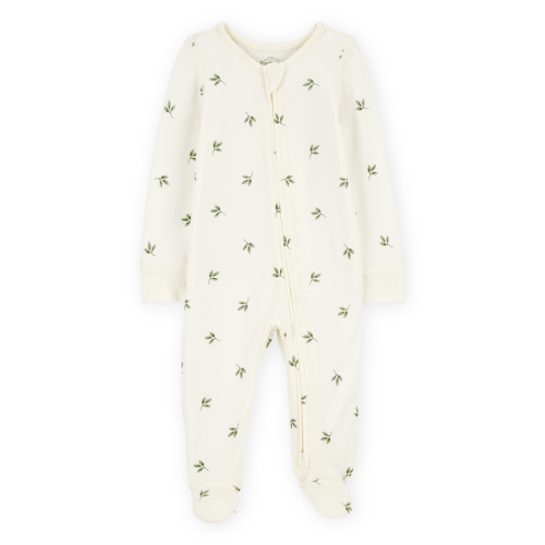 Baby Leaf Print 2-Way Zip PurelySoft Sleep & Play Pajamas - Ivory | 3 or 6M