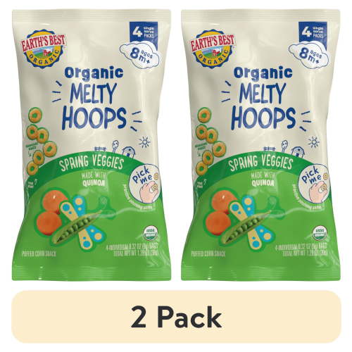 (2 pack) Earth's Best Organic Bite-Size Melty Hoops Spring Veggies Puffed Baby Snack, 0.32 oz Bags (4 Pack)
