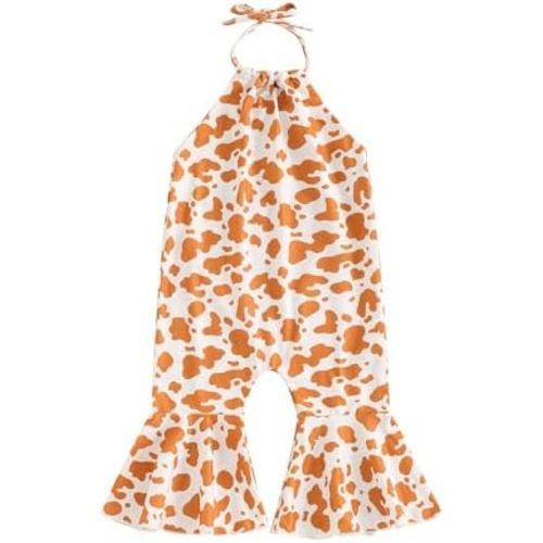 Chloefairy Toddler Baby Girl Bell Bottom Romper Cow Print Overalls Halter Flare Pants Jumpsuit Western Cowgirl Summer Outfit