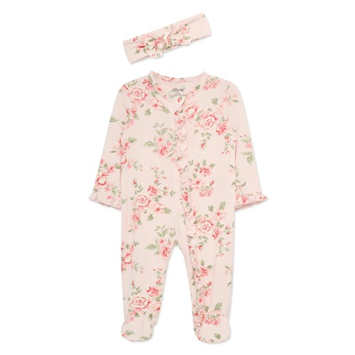 'Vintage Roses' Ruffled Stretch Viscose Zip Footie & Headband Set (Nordstrom Exclusive)