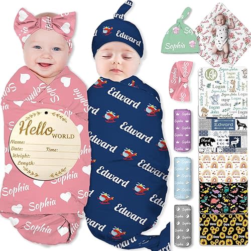 Personalized Baby Swaddle Blanket Girl Boy Custom Name Receiving Blanket with Bow Headband and Hat Set Customized Newborn Gifts with Baby Announcement Sign