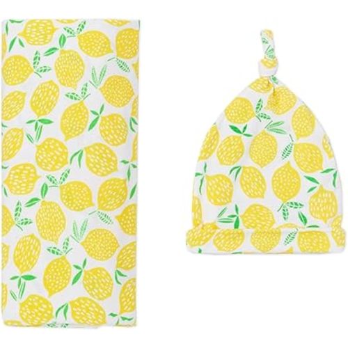 Little Sleepies Newborn Swaddle + Hat Set, Viscose from Bamboo Baby Wrap, Lemons