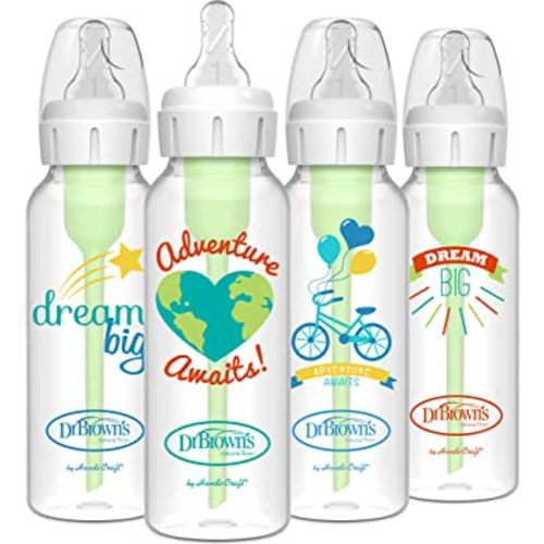 Dr. Brown’s Natural Flow® Anti-Colic Options+™ Narrow Baby Bottles 8 oz/250 mL, with Level 1 Slow Flow Nipple, 4 Pack, Dream Adventure, 0m+
