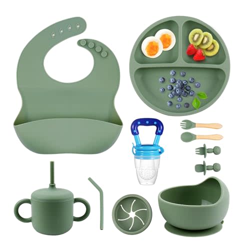 SHGMEET Silicone Baby Feeding Set, Baby Feeding Essentials, Baby Suction Bowl, Plates, Bib, Spoons set, Baby Led Weaning Supplies to Develop Self-feeding Skills, Dishwasher Safe (Green)
