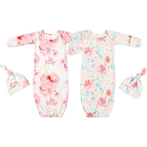 Newborn Baby Sleeper Gown with Hat Knotted Gown Nightgown Coming Home Outfits for Baby Girl 2 Pieces Set
