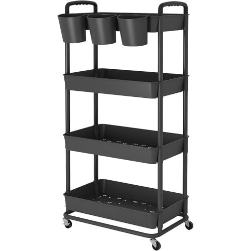 JIUYOTREE 4-Tier Plastic Rolling Storage Cart Utility Cart with Extra Hanging Cups Handles Lockable Wheels for Living Room Bathroom Kitchen Office Black