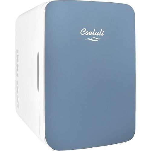 Cooluli 10L Mini Fridge for Bedroom - Car, Office Desk & College Dorm Room - 12v Portable Cooler & Warmer for Food, Drinks, Skincare, Beauty & Makeup - AC/DC Small Refrigerator with Glass Front, Blue