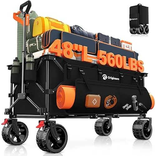 48" L Folding Beach Wagon Cart Foldable, 560lbs Weight Capacity 300L Heavy Duty Collapsible Wagons with Big All-Terrain Wheels, Utility Carts for Groceries, Shopping, Camping, Sports - Black