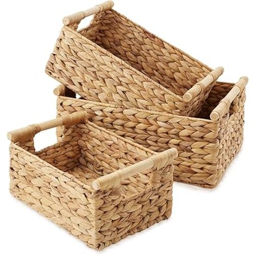 Casafield Set of 3 Water Hyacinth Rectangular Storage Baskets with Wooden Handles - Small, Medium, and Large Woven Nesting Baskets for Organizing