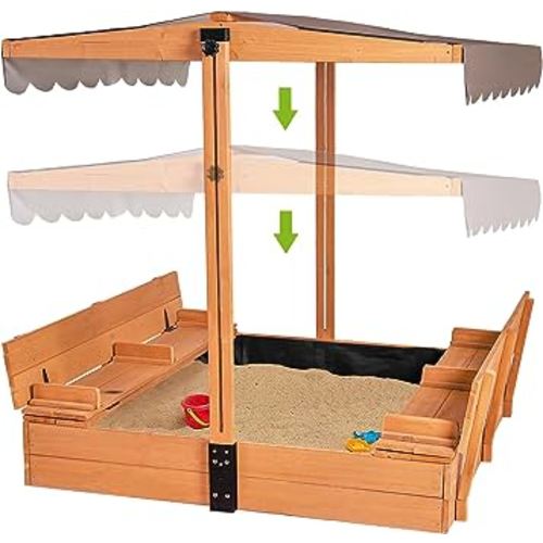 Kids Wooden Outdoor Sandbox w/Canopy, 2 Foldable Bench Seats, Retractable Roof Sand Protection Liner 47x47-Inch