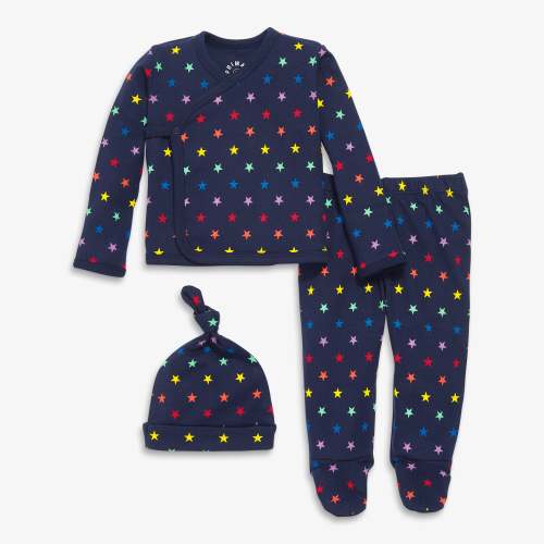 Clearance baby three-piece gift set in mini rainbow star - Navy / rainbow mini star / 3-6