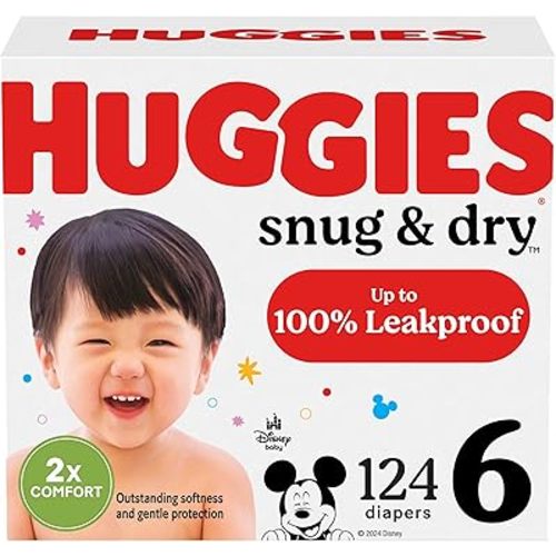 Huggies Size 6 Diapers, Snug & Dry Baby Diapers, Size 6 (35+ lbs), 124 Count (2 Packs of 62, Packaging May Vary