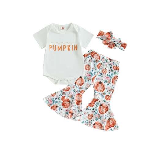 Newborn Baby Girl Halloween Outfits Short Sleeve Romper Tops Pumpkin Bell-Bottom Flare Pants Headband Infant Fall 3Pcs Clothes Set