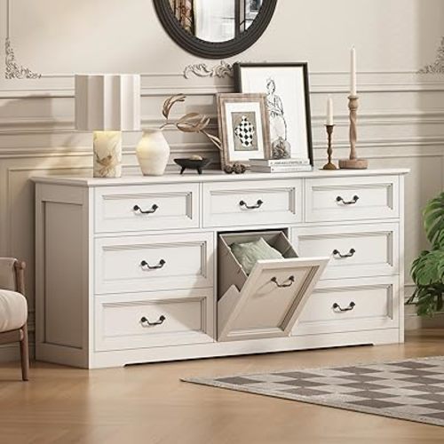 63" Wide Farmhouse 7-Drawer Dresser with 2 Laundry Hamper for Bedroom,Chest of Drawers, White Finish, Vintage Black Handles, Living Room Storage Cabinet,White