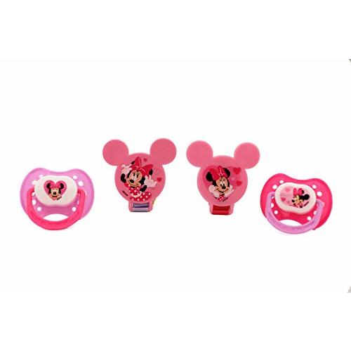 Disney Cudlie Minnie Mouse Baby Girl 4 Pack of 2 Pacifiers & 2 Clips with Hearts for Min Print