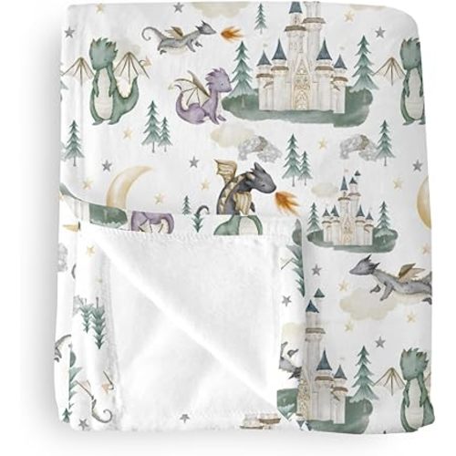Baby Boy Girl Blankets Dragon Tale Castle, Watercolor Green Moon Clouds Stars Tree Soft Lightweight Nursery Receiving Swaddle, Flannel Newborn Infant Toddler Crib Bedding Kids Gift 40 x 50