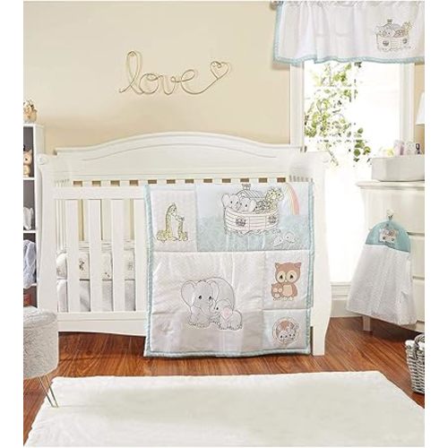 EVERYDAY KIDS Precious Moments Noah’s Ark 4 Pc Crib Bedding for Boys Nursery Set includes Baby Bed Quilt, Fitted Sheet, Dust Ruffle and Diaper Stacker with Sweet Images of Elephants and Giraffes