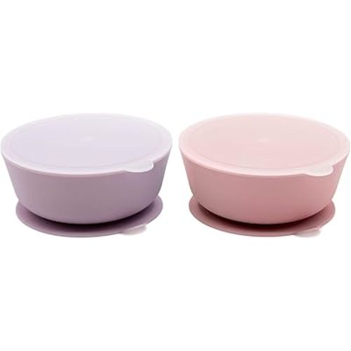 WeeSprout Suction Bowls for Baby & Toddlers (Set of 2) - 100% Silicone w/Plastic Lid - Leak Proof Feeding Supplies - Dishwasher & Microwave Safe Infant Dinnerware w/Extra Strong Base