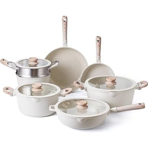 Country Kitchen 11pcs Pots and Pans Set Non Stick Cast Aluminum, Kitchen Cookware Sets, Kitchen Induction Pots and Pans Cooking Sets, Round Handle (Cream)