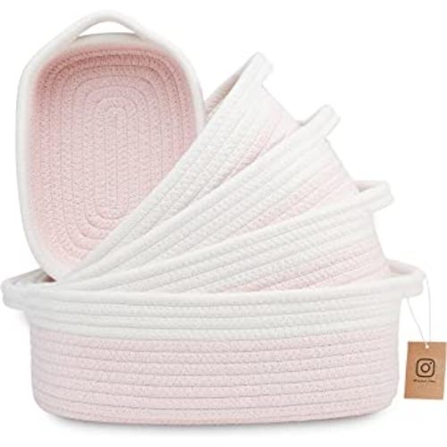 NaturalCozy 5-Piece Rectangle Storage Basket Set- Natural Cotton Rope Woven Baskets for Organizing! Small Basket for Montessori, Baby Nursery, Dog Toy Baskets, Cat Toy Box, Bathroom Organization Bin