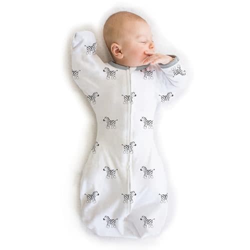 Amazing Baby Transitional Swaddle Sack with Arms Up Half-Length Sleeves and Mitten Cuffs, Medium, 3-6 months, 14-21 lbs, Little Zebra (Arms Up Swaddle, Transition Swaddle Sleep Sack for Better Sleep)