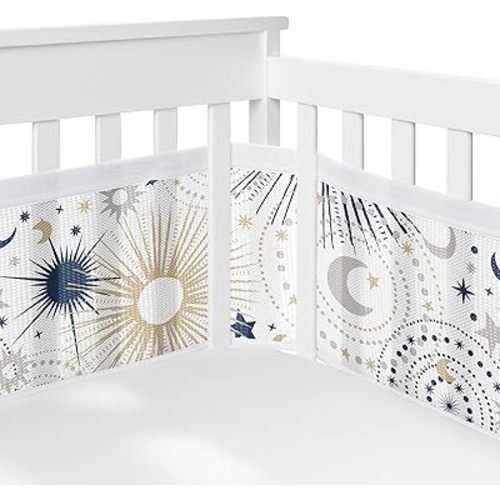Sweet Jojo Designs + BreathableBaby Navy Blue Star and Moon Boy or Girl Gender Neutral Unisex Breathable Mesh Crib Liner Baby and Infant - Gold Grey Celestial Sky Stars Gray Shabby Chic