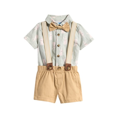 Short Sleeve Button-Up Shirt, Suspender Shorts & Bow Tie Set, 0-3M
