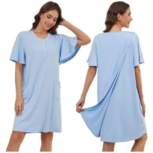 Hospital Gowns for Women Open Back Tear Away Snap Post Shoulder Surgery Short Sleeve Adaptive Clothing Nightgown