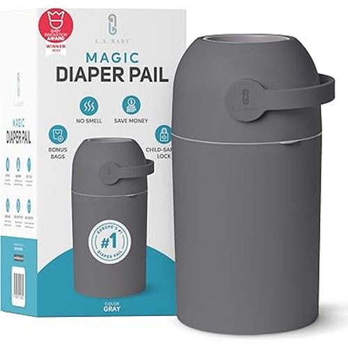Magic Diaper Pail - Patented 100% Odor-Free System with Child-Safe Lock - Award-Winning Design - No Refills Required - Works with Regular Trash Bags - Gray