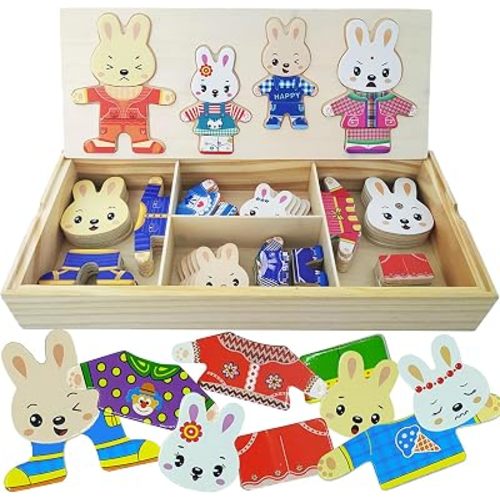 Wooden Bunny Family Dress-up Puzzle Box for Toddlers(72pcs),Change Clothes Puzzle Games, Preschool Learning Activities Toys for Kids Ages 3+
