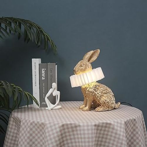 Scarf Rabbit Table Lamp,Resin Crafted Gold Bunny Lamp Featuring White Pleated PC Lampshade,USB Plug,Energy-Efficient Nightstand Lamp (Gold Sitting)